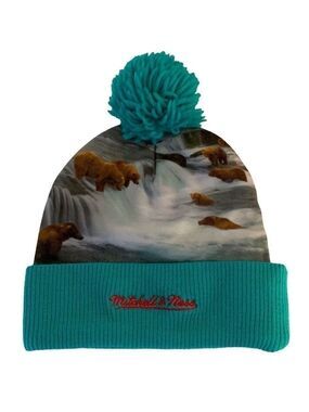 MITCHELL & Ness Aqua Knit Bear Print Hat Pom Pom Beanie Cap - NWOT